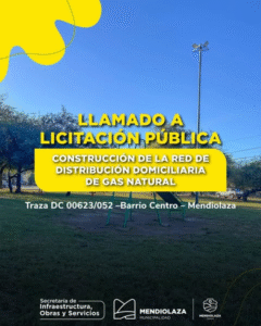 La Municipalidad de Mendiolaza llama a Licitación Pública para la ejecución de la obra de red de distribución domiciliaria de gas natural correspondiente a la Traza DC 00623/052, conforme a la Ordenanza N.º 1061/2024
