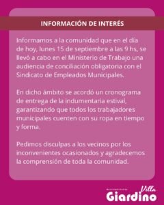 Informamos a la comunidad que en el día de hoy, lunes 15 de septiembre a las 9 hs, se llevó a cabo en el Ministerio de Trabajo una audienci…
