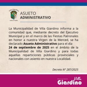 Sr. Vecino: La Municipalidad de Villa Giardino informa que, en el marco de las Fiestas Patronales en honor a nuestra Virgen de la Merced, e…