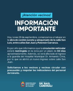 Información importante Restricción de circulación vehicular y nuevo ingreso a la guardia del Hospital Municipal….