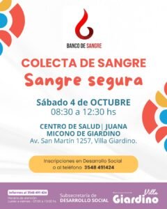Villa Giardino invita a participar de la campaña de donación “Sangre Segura”…