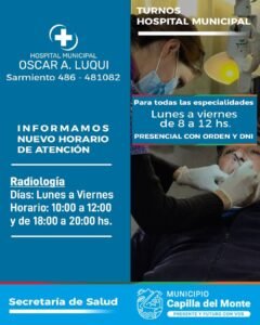 Informamos los nuevos horarios de atención del servicio de Radiología del Hospital Municipal Dr, Oscar A Luqui. Asimismo, les recordamos qu…