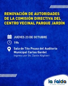 La Municipalidad de La Falda tiene el agrado de invitarlos a la Renovación de autoridades de la comisión directiva del centro vecinal Parque…