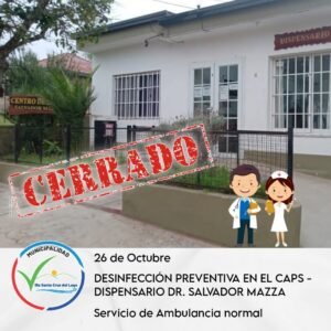 La Municipalidad de Villa Santa Cruz del Lago informa a la comunidad que el Centro de Atención Primaria de la Salud (CAPS) – Dispensario Dr….