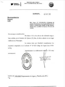 Edicto: Solicitud de permiso de derecho de uso de agua publica (uso de Lechos y álveos) – Obra : Muelle en Lago Epuyén – Expte. 330 año 2025…