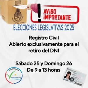 La Municipalidad de Villa Santa Cruz del Lago informa que, con motivo de las Elecciones Legislativas Nacionales, el Registro Civil permanece…