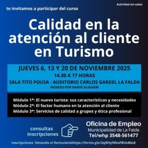 La Oficina de Empleo de la Municipalidad de La Falda comunica que se encuentra abierta la inscripción para participar del curso de Calidad e…