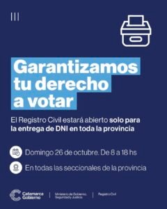 Este domingo, el Registro Civil permanecerá abierto para que todos puedan retirar su DNI y ejercer su derecho a votar….