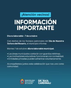 Información importante — 7 de octubre: día no laborable en la ciudad de Cosquín….