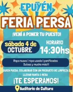¡Te esperamos este sábado 4 de octubre en el Auditorio de Cultura de Epuyén para una nueva edición de la Feria Persa!…