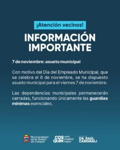 Con motivo del Día del Empleado Municipal, se establece asueto administrativo para el viernes 7 de noviembre, jornada en la que las depende…