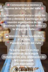 Te invitamos este miércoles 12 de noviembre a las 21:30 hs en la Plazoleta Virgen del Valle para planificar juntos sus celebraciones….