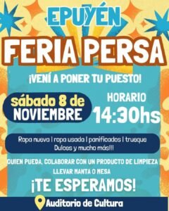 ¡Te esperamos este sábado 8 de Noviembre en el Auditorio de Cultura de Epuyén para una nueva edición de la Feria Persa!…