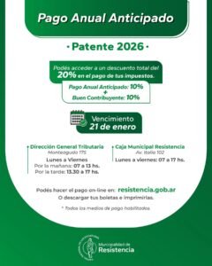 20% de descuento en el pago anual anticipado de la patente…