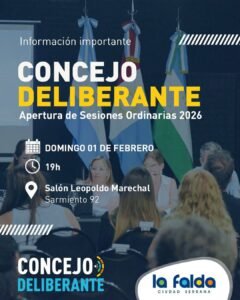 El Concejo Deliberante de la ciudad de La Falda invita a los vecinos y vecinas a participar de la Apertura de Sesiones Ordinarias 2026, que…