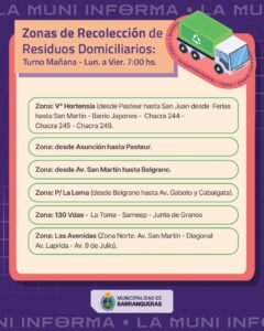 Les recordamos a los vecinos que este es el cronograma de turnos del Servicio de Recolección de Residuos…