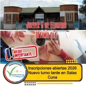 Cierre de inscripciones para el Ciclo Lectivo 2026 de Salas Cuna e incorporación de un nuevo turno tarde a partir del mes de marzo….