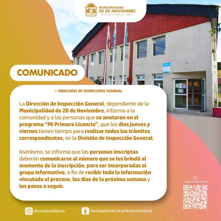La Dirección de Inspección General, dependiente de la Municipalidad de 28 de Noviembre, informa a la comunidad y a las personas que se anota…