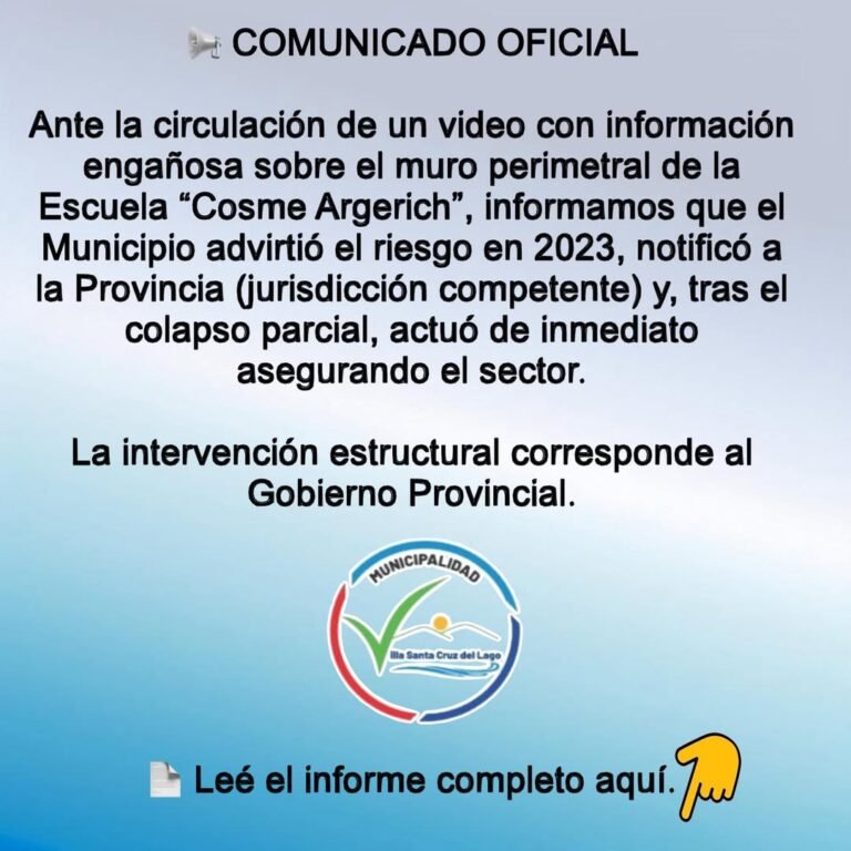 Ante la circulación en redes sociales de un video referido al colapso parcial del muro perimetral de la Escuela Primaria “Cosme Argerich”, l…