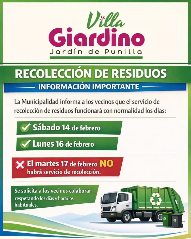 La Municipalidad informa que el servicio funcionará con normalidad el sábado 14/02 y el lunes 16/02….