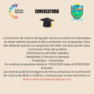 La Dirección de Cultura de Epuyén convoca a todos los interesados en dictar talleres durante el año a presentar sus propuestas. Para ello d…