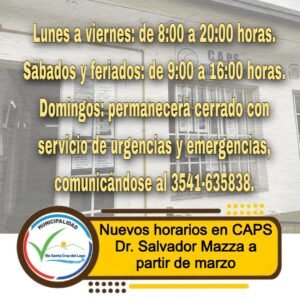 Se informa a la comunidad que, a partir del mes de marzo, el CAPS Dr. Salvador Mazza implementará nuevos horarios de atención….