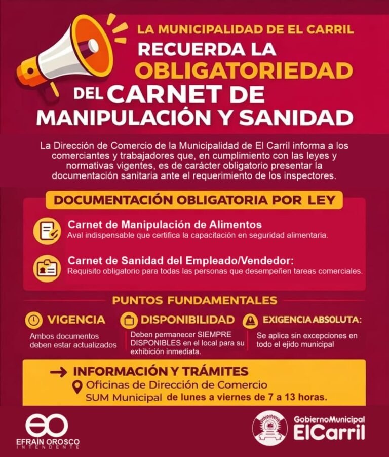 LA MUNICIPALIDAD DE EL CARRIL RECUERDA LA OBLIGATORIEDAD DEL CARNET DE MANIPULACIÓN DE ALIMENTOS Y SANIDAD…