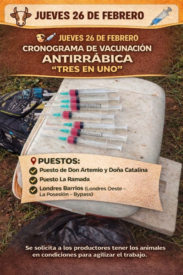 La Municipalidad de Londres informa el cronograma de vacunación antirrábica “Tres en Uno” que se llevará a cabo el jueves 26 de febrero en d…