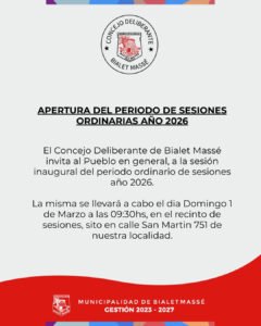 El Concejo Deliberante de Bialet Massé invita al pueblo en general a la sesión inaugural del período ordinario de sesiones año 2026….