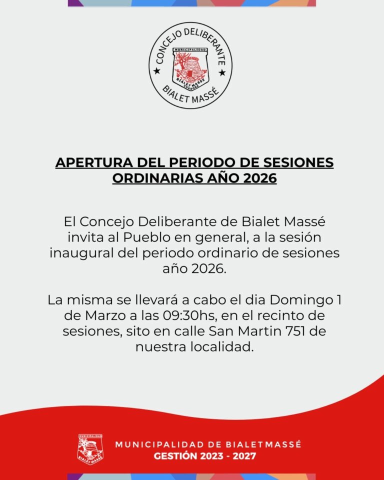 El Concejo Deliberante de Bialet Massé invita al pueblo en general a la sesión inaugural del período ordinario de sesiones año 2026….