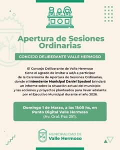 El Concejo Deliberante de Valle Hermoso tiene el agrado de invitar a Ud/s a participar de la ceremonia de Apertura de Sesiones Ordinarias, …