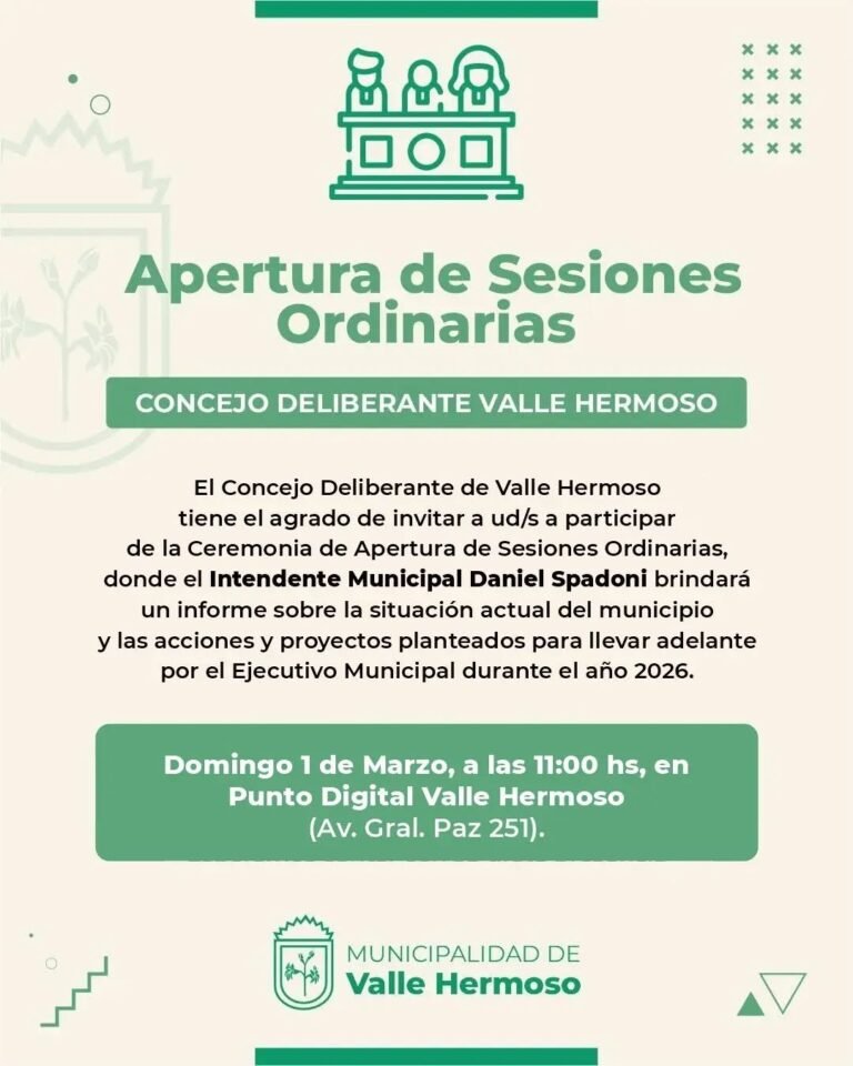 El Concejo Deliberante de Valle Hermoso tiene el agrado de invitar a Ud/s a participar de la ceremonia de Apertura de Sesiones Ordinarias, …