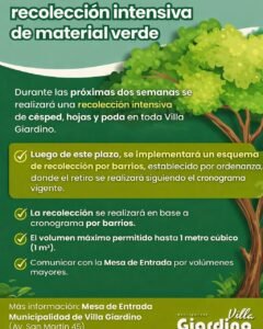 En las próximas dos semanas se implementará una recolección intensiva de material verde de poda por barrio. Pasado ese plazo se implementará…
