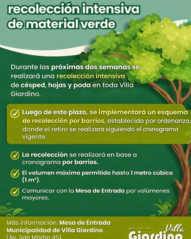 En las próximas dos semanas se implementará una recolección intensiva de material verde de poda por barrio. Pasado ese plazo se implementará…