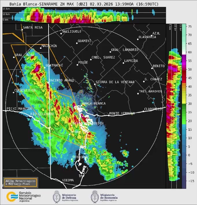 2 MAR | 14:15 h Una línea de tormentas que avanza por el este de La Pampa y el sudoeste de Buenos Aires está dejando lluvias fuertes, ráfag…