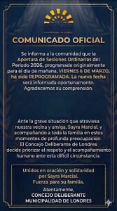 El Concejo Deliberante de Londres informa la reprogramación de la Apertura de Sesiones Ordinarias 2026….