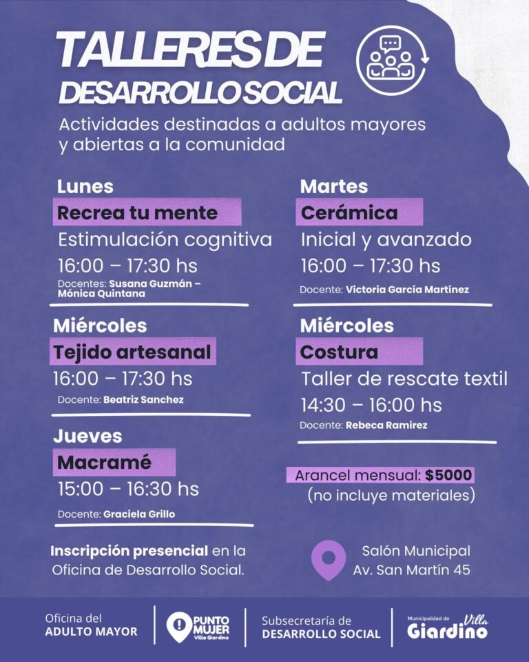 La Subsecretaría de Desarrollo Social invita a participar de los Talleres de Desarrollo Social, espacios de encuentro, aprendizaje y creativ…