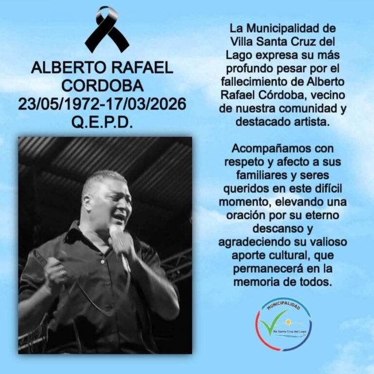 La Municipalidad de Villa Santa Cruz del Lago expresa su más profundo pesar por el fallecimiento de Alberto Rafael Córdoba, vecino de nuestr…