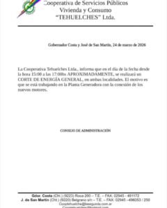 La Cooperativa Tehuelches Ltda. informa que hoy, de 15:00 a 17:00 hs aproximadamente, habrá un corte general de energía en Gobernador Costa …