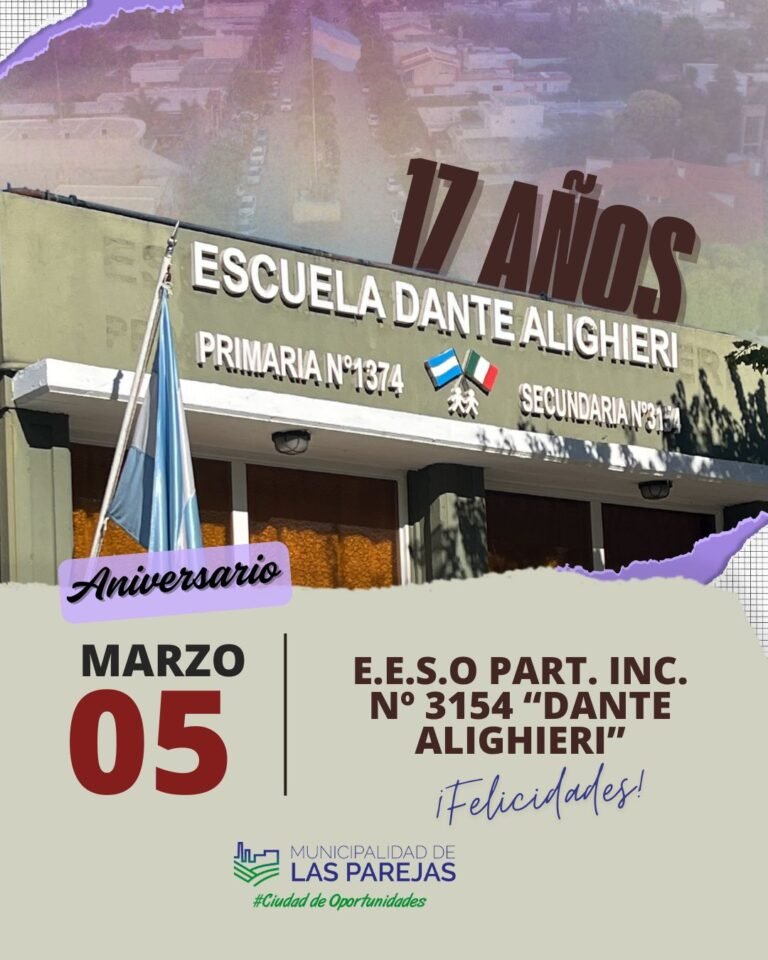 En el día de su 17° aniversario, saludamos afectuosamente a quienes forman parte de la E.E.S.O PART. INC. Nº 3154 “DANTE ALIGHIERI” en este …