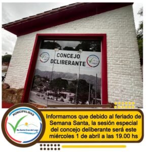 Se informa que debido al feriado de semana santa el dia miércoles 1 de abril a las 19.00 hs se llevara a cabo la Sesion Especial en la que s…