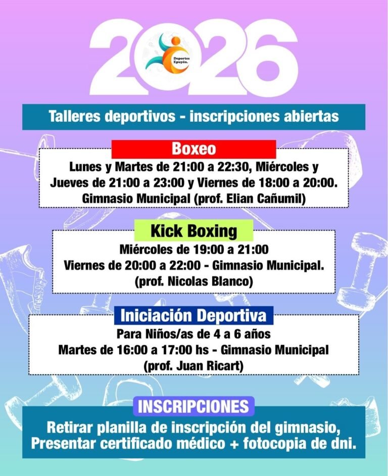 La Dirección de Deportes de la Municipalidad de Epuyén anuncia la apertura de inscripciones para los talleres deportivos 2026….