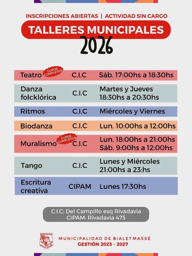 TALLERES MUNICIPALES – BIALET MASSÉ 2026…
